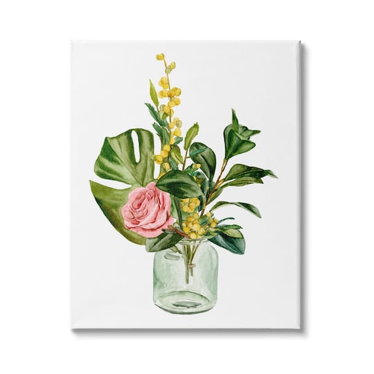 Stupell Industries Pink Rose Yellow Botanical Bouquet Glass Jar Watercolor Canvas Wall Art